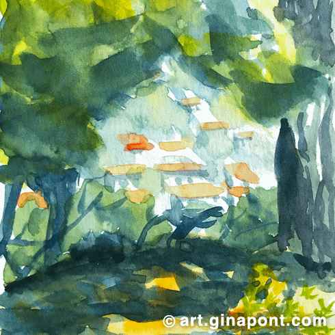 Boceto en acuarela de Gina Pont del paisaje de bosque de Sant Salvador, del Dolmen Can boquet en Vilassar de Dalt, Maresme. Muestra una vista de casas entre árboles en el Parque de la Serralada Litoral.
