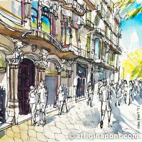 Boceto urbano de Gina Pont, en acuarela y rotring, del Paseo de Grácia, Barcelona. Muestra a turistas caminando por la avenida principal arbolada del Passeig de Gracia.