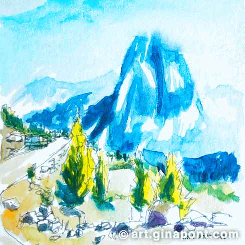 Boceto rural en acuarela de Gina Pont dibujado en el Parque Nacional de Sant Maurici. Muestra una montaña emblemática llamada Encantat.