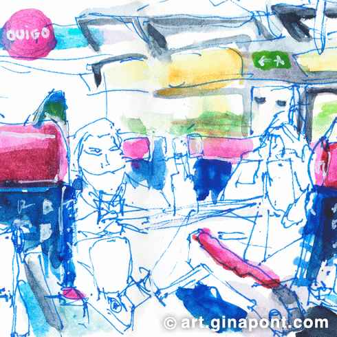 Dibujo de Gina Pont realizado durante un viaje en tren de Barcelona a Madrid. Muestra el interior del nuevo tren francés de bajo coste llamado Ouigo.