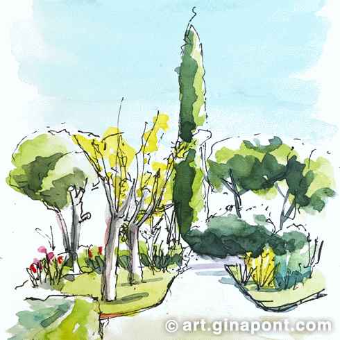 Gina Pont watercolor print drawn in the Inky Figers meeting, in Cervantes Park, Barcelona.
