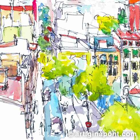 Gina Pont watercolor art print made from a high window. It shows the emblematic streets of Gracia with balconies, red facades and the Joanic Park.