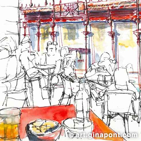 Boceto en acuarela de Gina Pont del Mercado de San Miguel, Madrid. Muestra a turistas bebiendo cerveza en un bar frente al mercado.