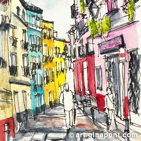 Gina Pont watercolor sketch draw on location, from a Lavapies street in Madrid. It shows the typical narrow street of the neighborhood with the multicolored facades.