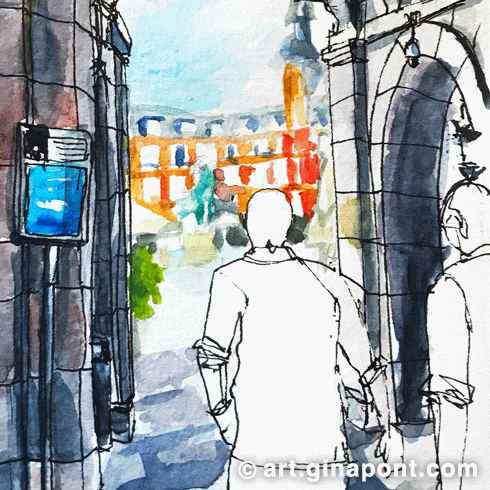 Gina Pont watercolor art print of the The Main Square, Madrid. It shows twon men walking towards the Square and passing by archades.