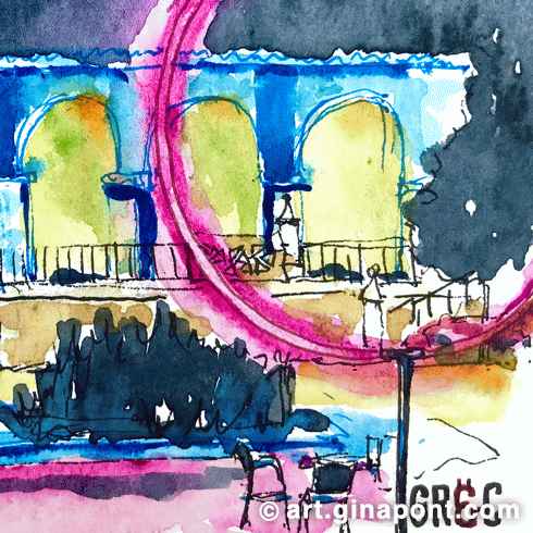 Gina Pont watercolor art print of the lighting projected on Grec Festival 2021 in Barcelona.