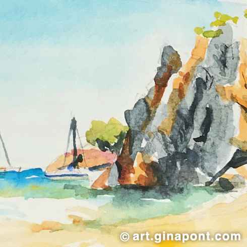 Lámina en acuarela de Gina Pont de la playa de Illa Roja en Begur. Muestra una peculiar roca en el mar.