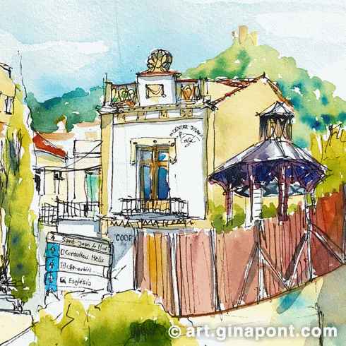 Gina Pont watercolor art print of Cabrera de Mar in the morning meeting with Dibuixem Maresme. It shows emblematic buildings of a Maresme village.