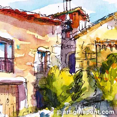 Gina Pont watercolor art print of Fontcoberta in the morning meeting with Girona Urban Sketchers. It shows the romanic church of the village.