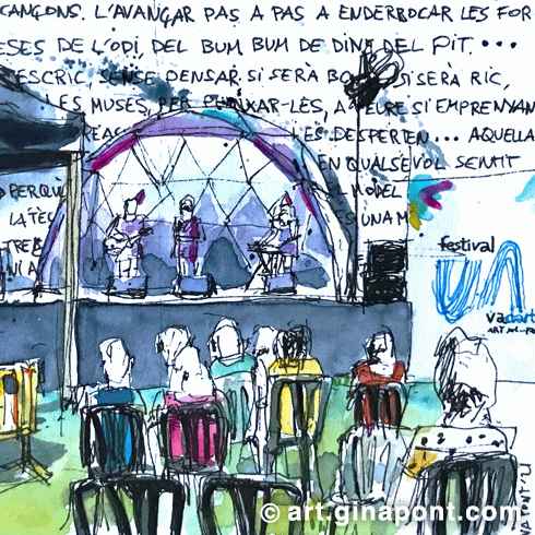 Gina Pont watercolor sketch drawn on the occasion of Enric Casasses performance. It shows the audience of Vadart festival in the foreground and the poet and singers in the background.