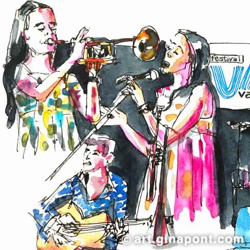 Lámina en acuarela de Gina Pont dibujada durante la actuación de jazz de Andrea Motis. Es una composición de primeros planos de la cantante y guitarrista y el escenario con el público del Vadart festival.