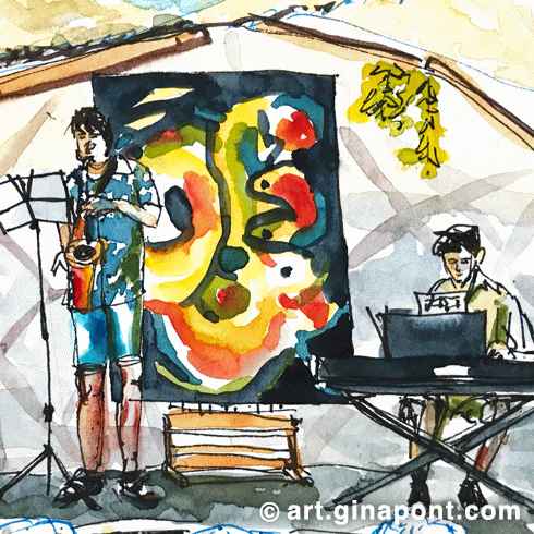 Lámina en acuarela de Gina Pont dibujada durante la actuación de The Jazz Van. Muestra a los dos componentes jóvenes en el escenario y al público del Vadart festival.