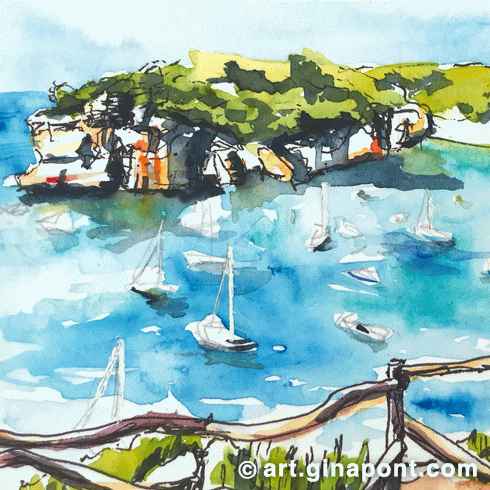 Gina Pont watercolor art print of Macarelleta Beach in Menorca. It shows the characteristic turquoise sea of the Bealearic Islands and the sailboats.