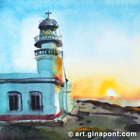 Gina Pont watercolor art print of Cavalleria Lighthouse in Menorca. It shows the orange sunset in contrast with the dark blue shadows.