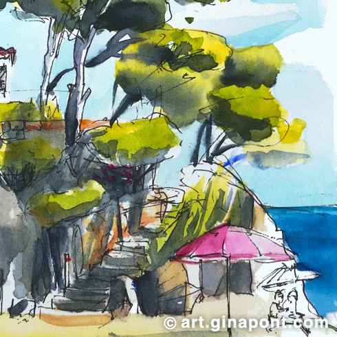 Gina Pont watercolor sketch of Forn Beach. It shows a part of GR footpath of Costa Brava, from Platja d'Aro to Calonge.