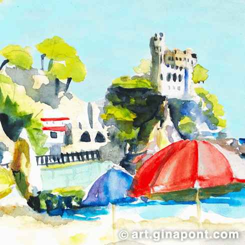 Gina Pont watercolor sketch of Lloret de Mar. It shows the iconic castle of the village and the blue mediterranean sea of Costa Brava.