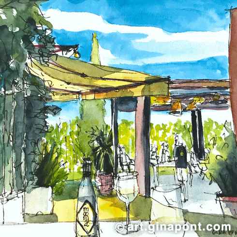 Gina Pont watercolor sketch of the Cider House Mooma at Palau Sator. It shows a table with glasses and a bottle of cider with the green apple fields in the background.