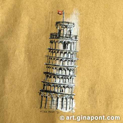 Boceto de acuarela de Gina Pont de la Torre de Pisa en La Toscana, Italia. Muestra un dibujo de la emblemática Torre de Pisa realizado con rotring sobre papel Kratf de 140 gsm.