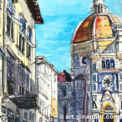 Gina Pont watercolor sketch of Santa Maria Fiore Cathedral in Italy. It shows the bustling crowds on the Firenze streets with the facade of the cathedral in the background.