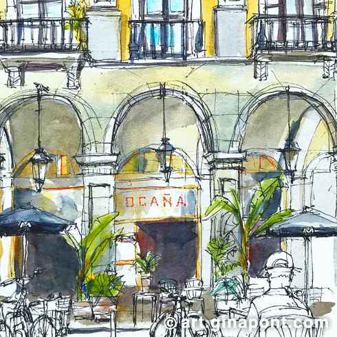 USK Event with Urban Sketchers and Setba Foundation: Watercolor and rotring sketch of Ocaña Bar in Plaça Reial, 2021.