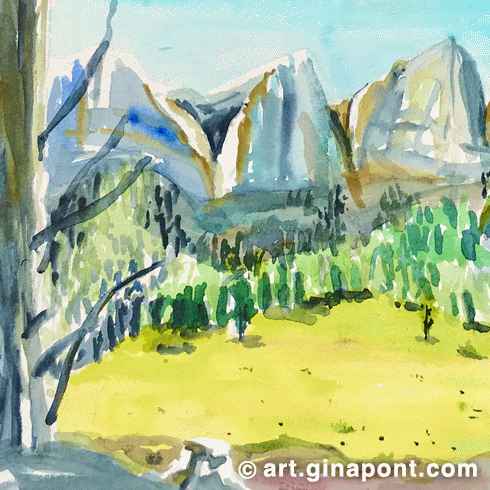 Watercolor and rotring rural sketch of Cadí-Moixeró Natural Park. It shows the nature, calm and vegetation of the mountains.