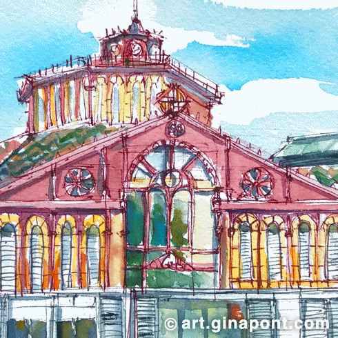 USK Event with Inky Fingers Barcelona: Watercolor and rotring sketch of the facade of Sant Antoni Market, Barcelona.