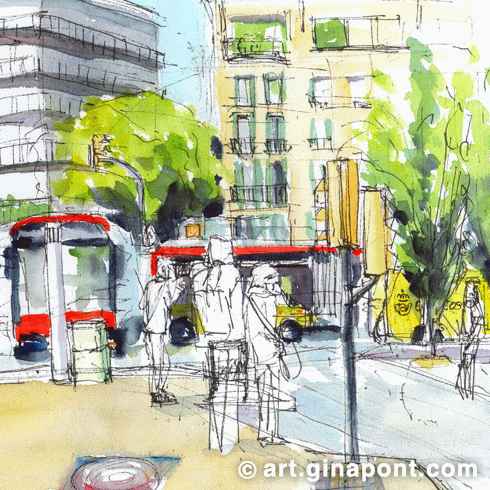 Sketching with Inky Fingers Barcelona: Watercolor painting of Sant Gervasi. It shows the traffic jam of Molina Square: transport public – buses and railway –, cars and the postal service truck.