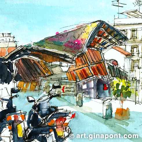 Watercolor and rotring sketch of Santa Caterina Market, of the secondary entrance. It was drawn on the occasion of 48H Open House festival.