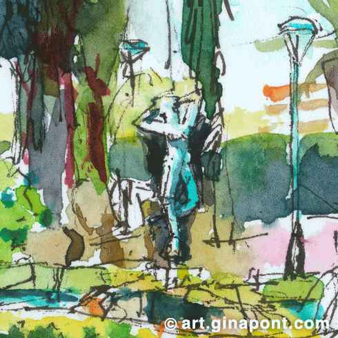 Dibujo en acuarela de los jardines de Vil·la Amèlia en Barcelona, ​​realizado durante el encuentro de los Inky Fingers. Una dríada pequeña y esbelta, la ninfa protectora de los bosques, surge de una pequeña isla en medio del estanque, de Ricard Sala.
