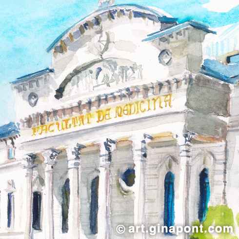 Watercolor drawing of the facade of the Faculty of Medicine UB, on the occasion of the Inky Fingers meetup.