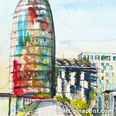 Dibujando con los Inky Fingers Barcelona: Boceto en acuarela y rotring de la Torre Agbar con sus colores del arco iris.