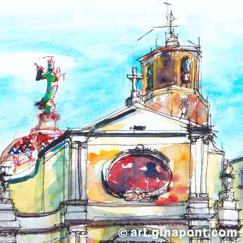 Sketching with Inky Fingers Barcelona: Watercolor sketch of La Mercè basilica and the dome in the Gothic Quarter.