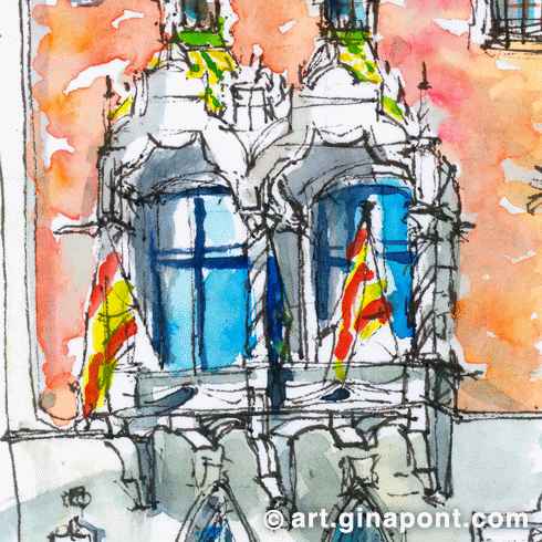 Boceto en acuarela y rotring del edificio del Ayuntamiento de Granollers, en la Plaza de la Porxada. Fue elaborado en el evento Granollers Dibuixa.