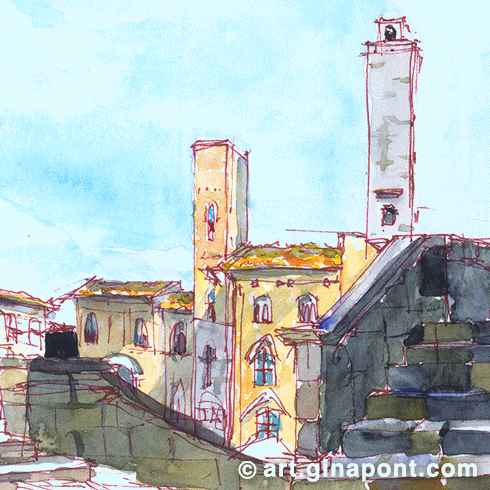 Boceto en acuarela de Gina Pont de San Gimignano en Italia. Podemos ver su arquitectura medieval, única en la preservación de una decena de sus torres.