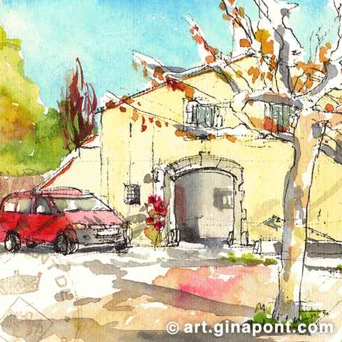 Dibujo en acuarela de Gina Pont de Can Bartomeu, realizado en la quedada con Dibuixem Maresme. Muestra la fachada de un masía de Cabrera de Mar y un coche rojo delante de la entrada.