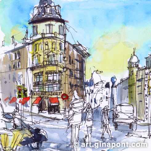 Drawing with Inky Fingers Barcelona: Watercolor sketch of Plaça Universitat, one of Barcelona's central squares, at the border between the districts of Eixample and Ciutat Vella. It is located at the intersection of Gran Via de les Corts Catalanes, Carrer d'Aribau and Ronda de Sant Antoni.