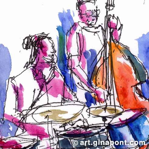 Boceto en acuarela de Gina Pont realizado durante la 1ª Jam Session de la noche en el Big Bang Bar, barrio del Raval. Muestra los componentes del escenario, dibujados con los colores característicos del jazz.