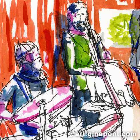 Boceto en acuarela de Gina Pont realizado durante la 2ª Jam Session de la noche en el Big Bang Bar, barrio del Raval. Muestra los componentes del escenario, dibujados con los colores característicos del jazz.