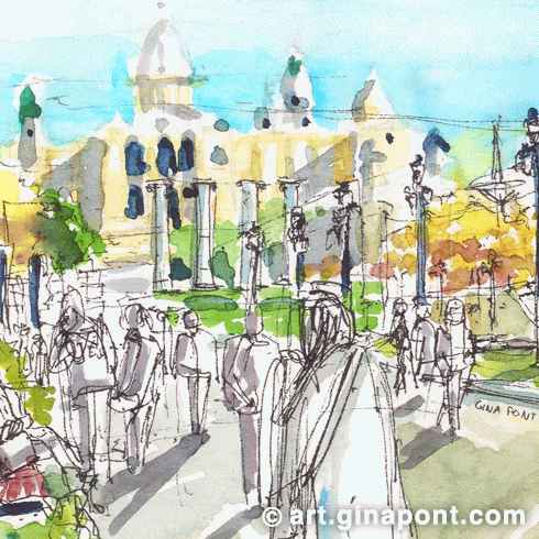 Drawing with Inky Fingers Barcelona: Watercolor and rotring sketch of Montjuïc in Plaza España. It shows the quotidian life of the barcelonians mixed with tourists, which walk along the avenue.