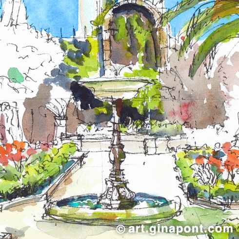 Drawing with Inky Fingers Barcelona: Watercolor and rotring sketch of the Jardins de La Tamarita, a living example of a private garden that has become a public space and public heritage. It shows myrtle, privet, sweet bay and large-sized cheesewood, as well as black locusts and plane trees. There are also European yews, Seville orange trees, boxwood and a jacaranda.
