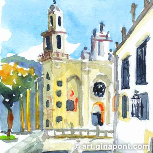 Dibujo en acuarela de Gina Pont de Mondoñedo, una pequeña ciudad y municipio de la provincia gallega de Lugo, España.