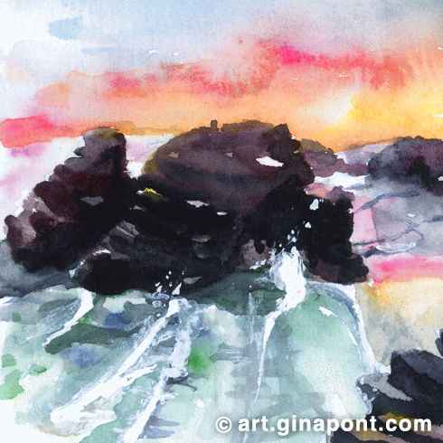 Gina Pont watercolor sketch of As Catedrais beach in Ribadeo, Galicia. The painting shows the sunrise and and the natural arches and caves, which can be seen only at low tide.