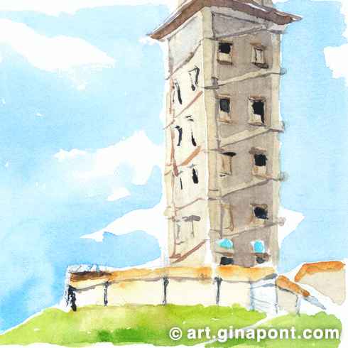 Gina Pont watercolor sketch of Tower of Hercules in A Coruña. It is the second-tallest lighthouse in Spain, after the Faro de Chipiona.