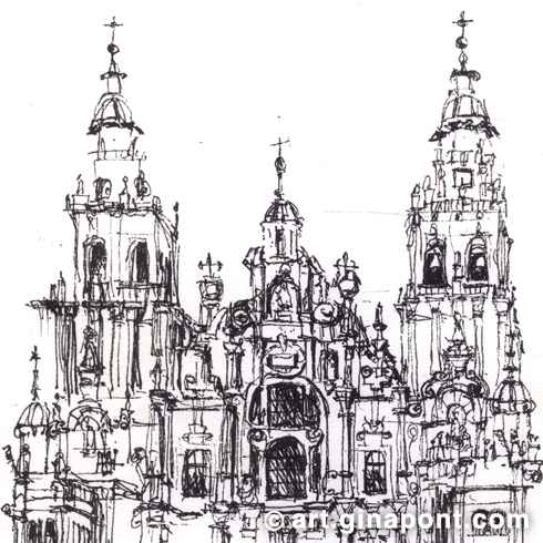 Dibujo en acuarela de la Catedral de Santiago de Compostela, el destino de los peregrinos del Camino de Santiago.