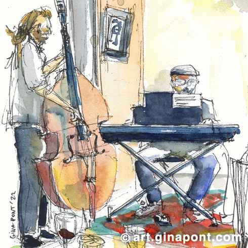 Boceto en acuarela de Gina Pont realizado durante el evento Jazz & Wine Nights en el Club23, Barcelona. Muestra al pianista y al contrabajista en el escenario y copas de vino al fondo.