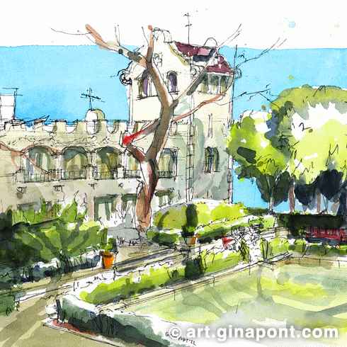 Drawing with Inky Fingers Barcelona: Watercolor and rotring sketch of Vil·la Florida gardens in Sant Gervasi, Barcelona.