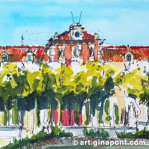 Drawing with Inky Fingers Barcelona: Watercolor and rotring sketch of Parliament of Catalonia. It shows the palace in Parc de la Ciutadella and the Desolation sculpture by Josep Llimona in the front in the pond.