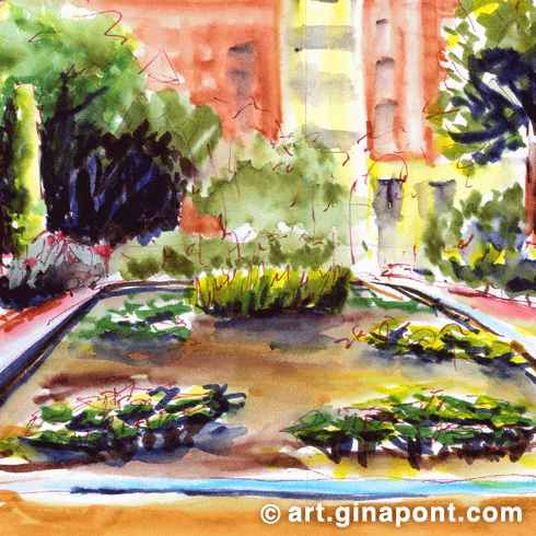Barcelona postcard: Testing watercolor markers Lyra Aqua Brush Duo on Strathmore mixed media paper. It shows the pond in the green garden of Turó Park.