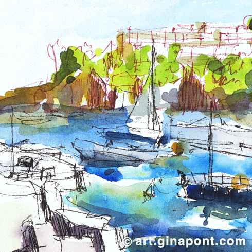 Gina Pont watercolor sketch of Aiguablava beach located on Begur. It shows the sea of Costa Brava with the boats.