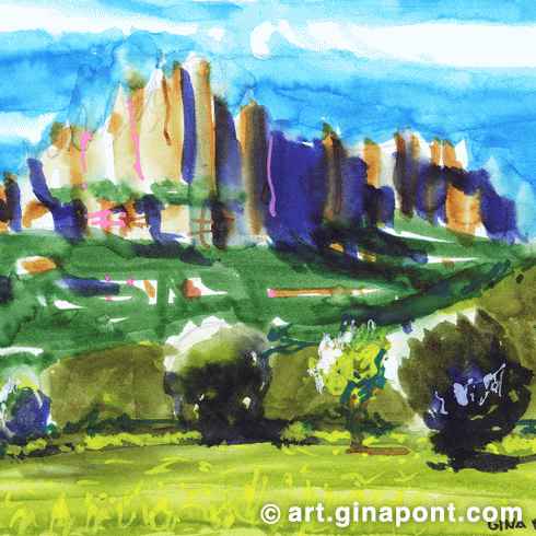 Montserrat postcard: Testing watercolor markers Lyra Aqua Brush Duo on Strathmore mixed media paper. It shows the multi-peaked mountain range which is near Barcelona, in Catalonia. It is part of the Catalan Pre-Coastal Range.